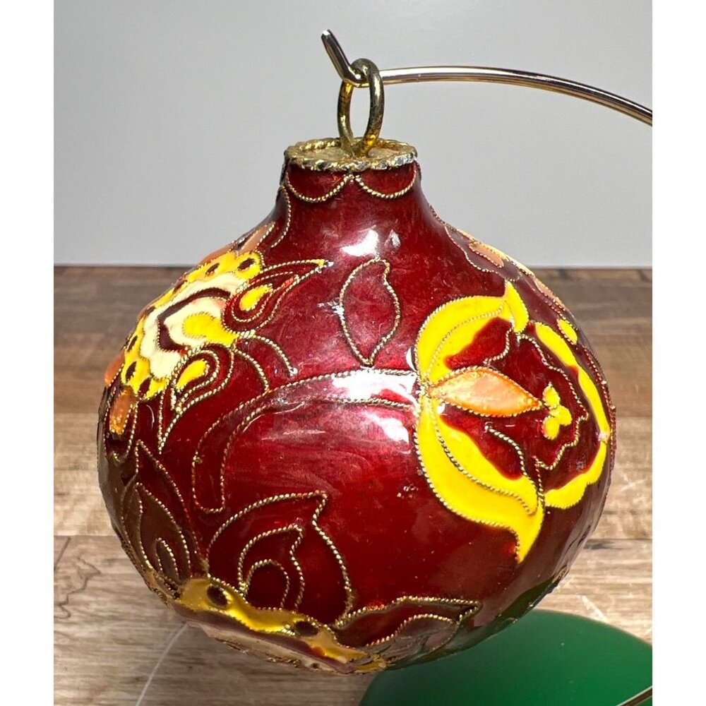 Handcrafted Red & Yellow Glass Ornament With Floral Design For Holiday Decoratio